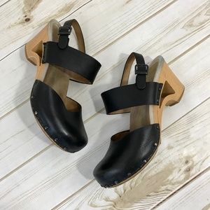 Dansko Thea Black Leather Slingback Wedge Clogs